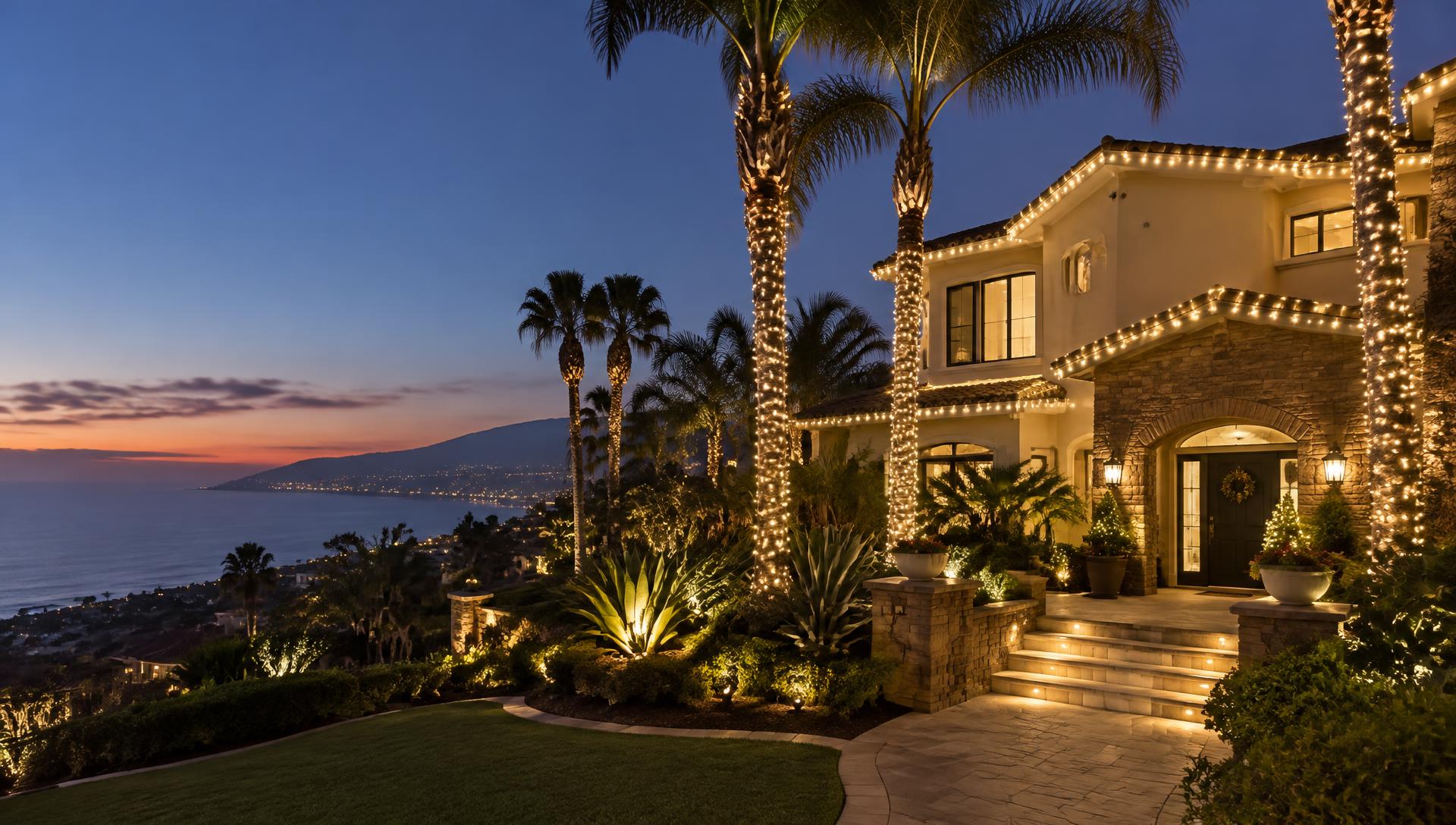 South Orange County home at dusk with warm white lights on the roofline and wrapped palm trunks