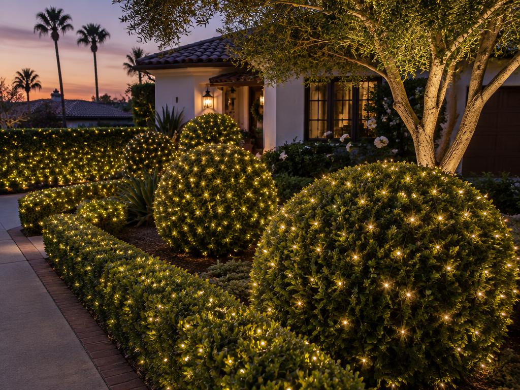 Rounded shrubs and hedges covered in warm white mini lights